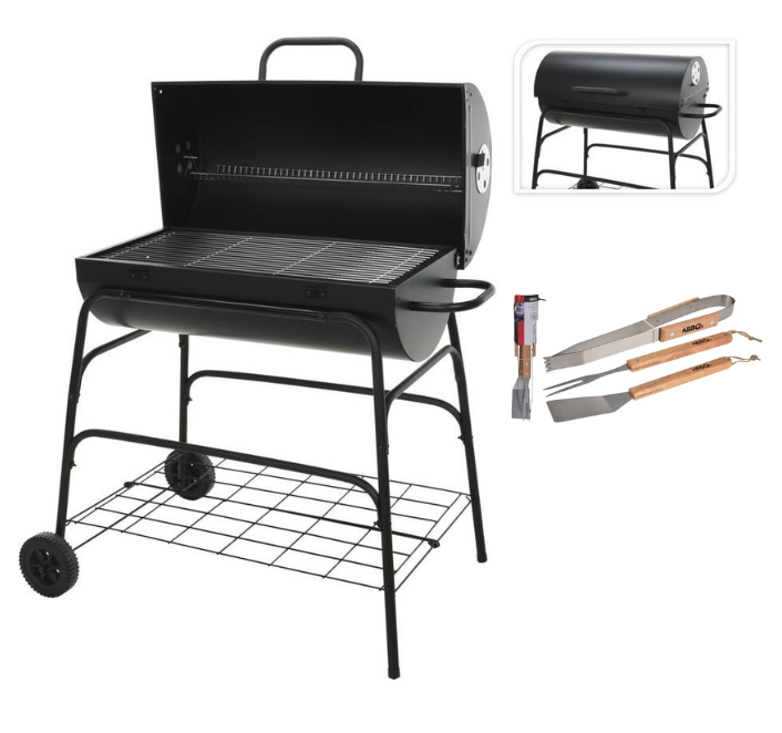 BBQ Holzkohlegrill - Zylinder - Auf Rädern - 39x100x100cm INCL Grillwerkzeug