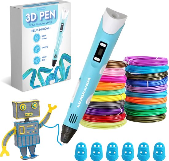 MM Brands - 3D Stift - Starter Pack - inkl. 100m Filament in 10 Farben - Extra langes Ladekabel - Geeignet für ABS & PLA Filament - Blau