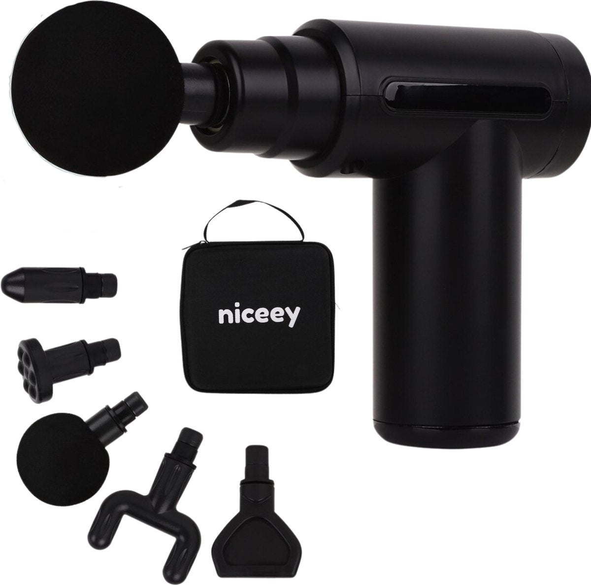 Niceey - Mini-Massagepistole - 6 Geschwindigkeiten - 5 Massageköpfe - Kabellos - Schwarz