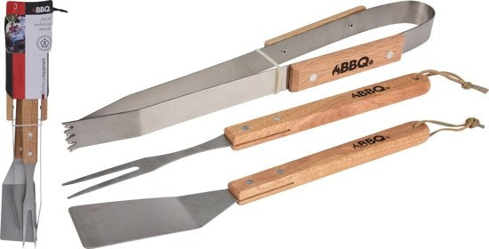 BBQ/Grillwerkzeug-Set 3-teilig mit Holzgriffen - Zange - Gabel - Spatel
