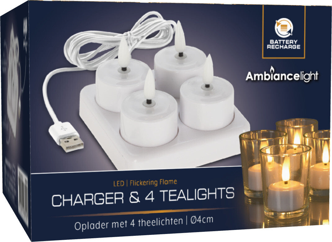 Koopman - Wiederaufladbares LED-Teelicht-Set 4-tlg. - Mit Ladegerät - Weiß