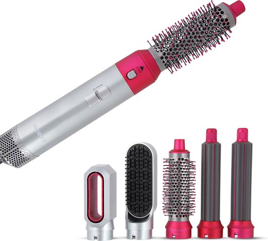 Niceey Haartrocknerbürste - Lockenstab 5-in-1 Set - Airstyler - Multistyler - Stylingbürste - Lockenstab mit Aufsätzen - Haartrockner mit Bürste - Mit Handschuh - Lockenbürste - Haarbürste - 2025 Modell - Grau/Lila