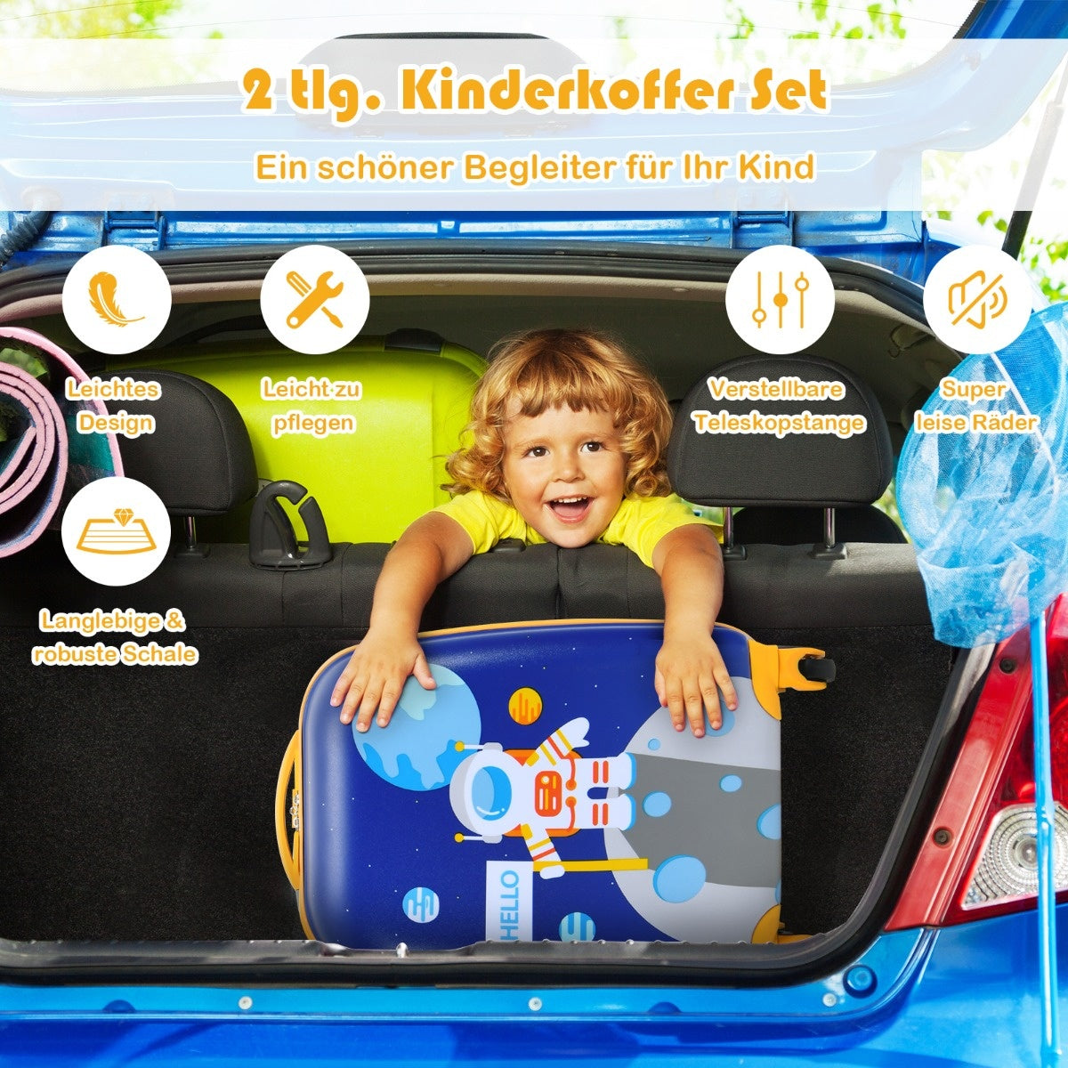 Coast 2-teiliges Kinderkofferset mit Astronautenmuster Rucksack & Etui 27 x 20 x 43 cm dunkelblau