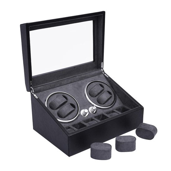 Uhrenbox - Uhrenwerkzeug - Automatische Uhrenbox - Uhrenbeweger - Uhrenbeweger - Led-Beleuchtung - Für 10 Uhren - L33.5 x B24 x H18 CM - Schwarz/Grau