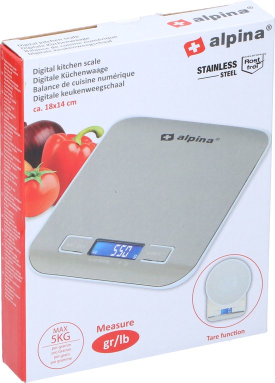 Alpina Digitale Küchenwaage - bis zu 5 Kilo - mit Tara-Funktion - G-KG-LB-OZ - inklusive Batterien - Edelstahl