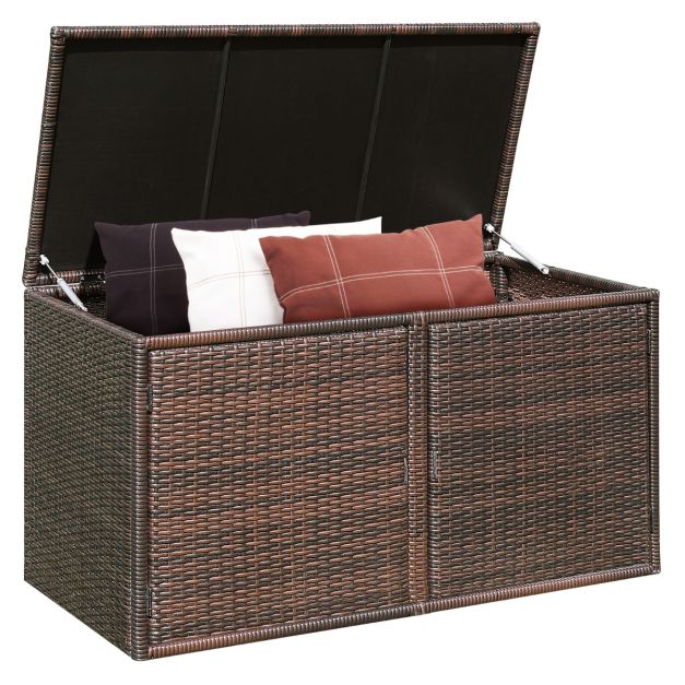 Coast Rattan Terrassenbox 335 L - Braun - 115 x 60 x 65 cm - Wetterfeste Garten-Aufbewahrungsbox mit Deckel und 2 Ablagen