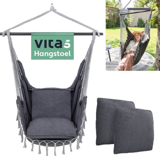 Vita5 XXL Hängesessel | Indoor/Outdoor Hängenest | Inkl. 2 Kissen und Buchbox | Erwachsene & Kinder | Hängesessel bis zu 200kg | Dunkelgrau