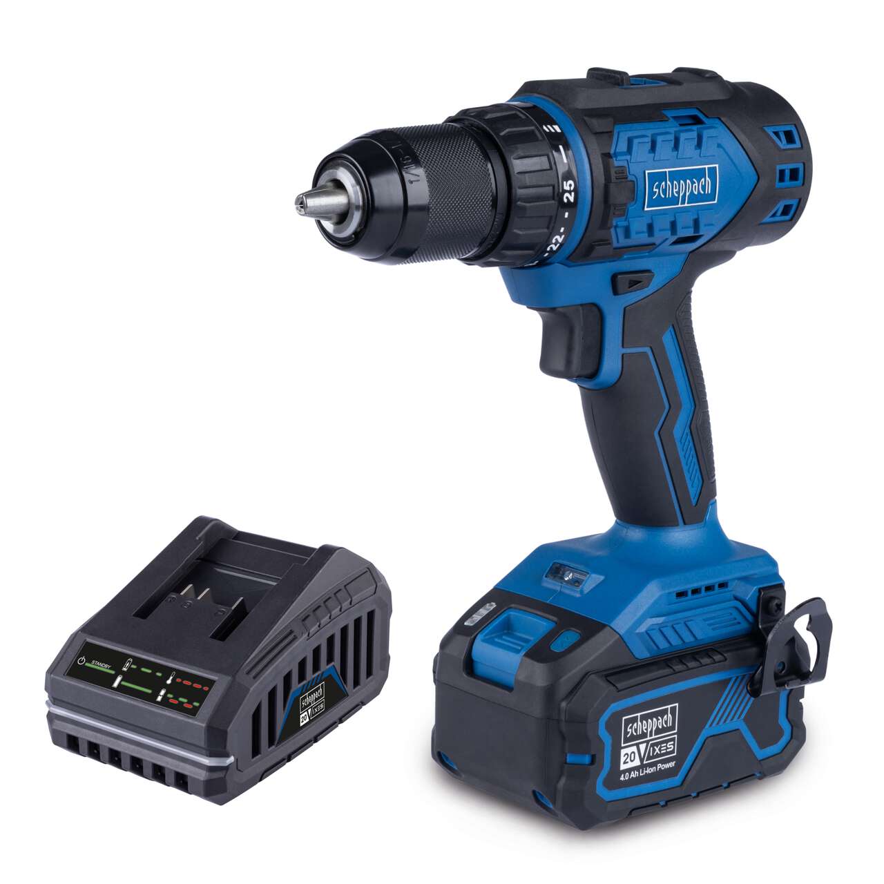 Akku-Bohrschrauber BC-DD60-X Scheppach | Brushless | Drehmoment 60Nm | Drehmomentstufen 25+1 | LED | inkl. 4Ah Akku + 2,4A Ladegerät