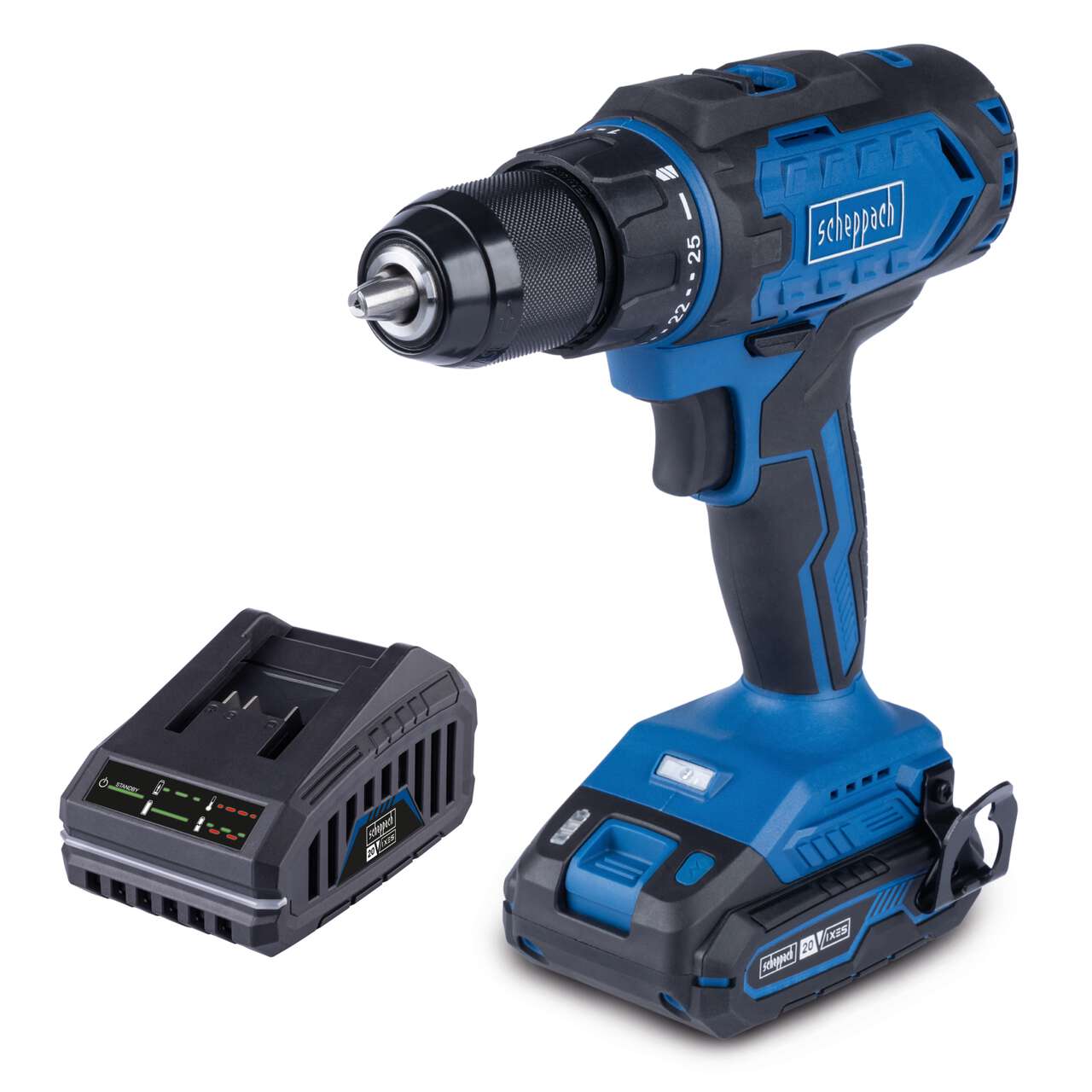 Akku-Bohrschrauber C-DD45-X Scheppach | Drehmoment 45Nm | Drehmomentstufen 25+1 | LED & Gürtelclip | inkl. 2Ah Akku + 2,4A Ladegerät