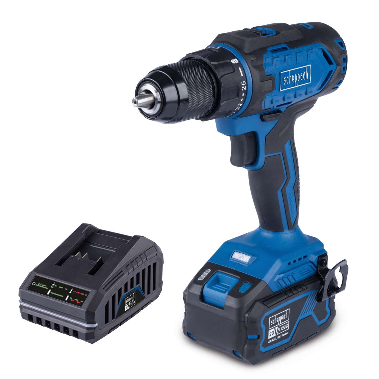 Akku-Bohrschrauber C-DD45-X Scheppach | Drehmoment 45Nm | Drehmomentstufen 25+1 | LED & Gürtelclip | inkl. 4Ah Akku + 2,4A Ladegerät