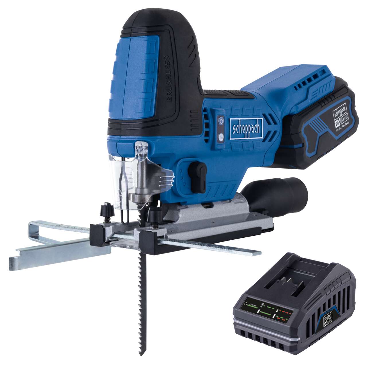 Akku-Stichsäge BC-JS254-X Scheppach | Brushless | Hublänge 25,4mm | Hubzahl 1000-3000min-1 | LED | inkl. 4Ah Akku + 2,4A Ladegerät