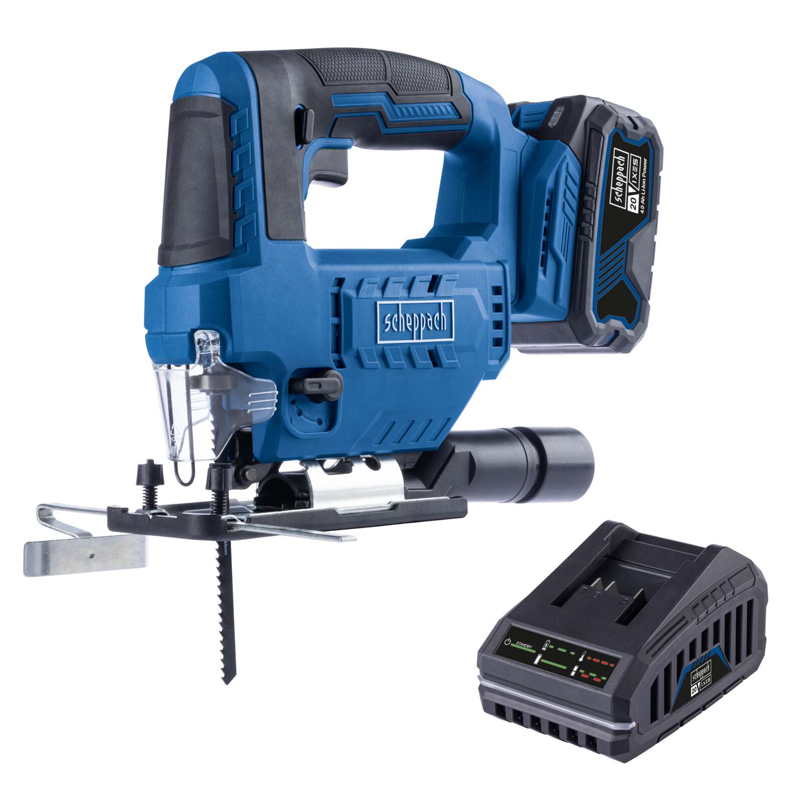 Akku-Stichsäge C-JS220-X Scheppach | Hublänge 19mm| Hubzahl 0-2400 min-1 | 7 einst. Schnittwinkel | inkl. 4Ah Akku + 2,4A Ladegerät
