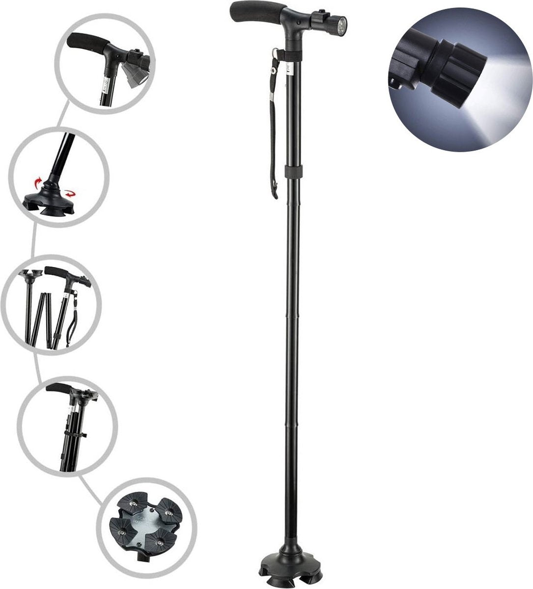 SafeLife Gehstock mit LED-Licht - faltbar und verstellbar - 83-97 cm