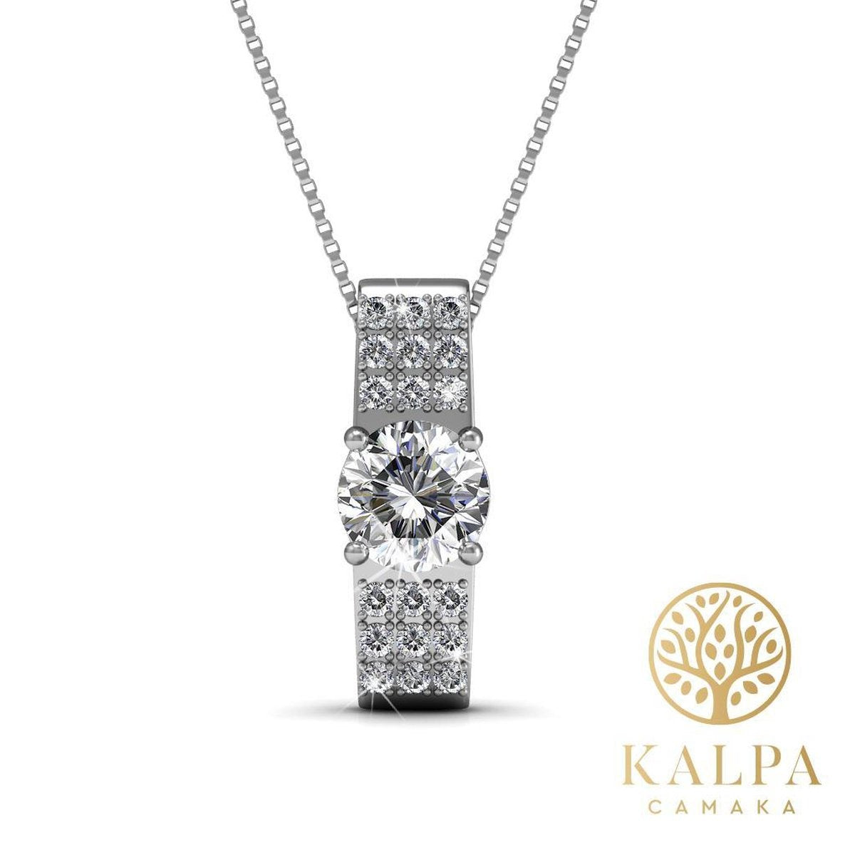 Yolora Damenhalskette mit Anhänger - Kalpa Camaka Kristalle - Silber - 18K Weißgold vergoldet - Damenhalskette Silber - Schmuck - Halskette - Luxuriöse Geschenkverpackung - Geschenkbox - Schöne Geschenkverpackung - Exklusive Geschenkverpackung
