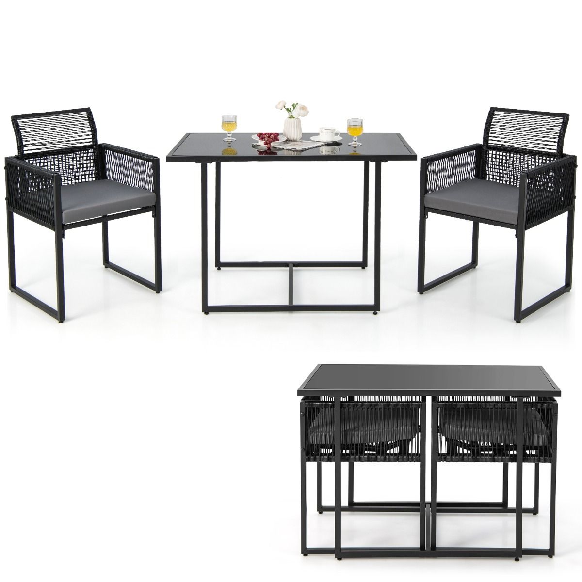 Coast Terrassenmöbel Set 3-teilig PE Rattan Schwarz mit klappbarer Rückenlehne