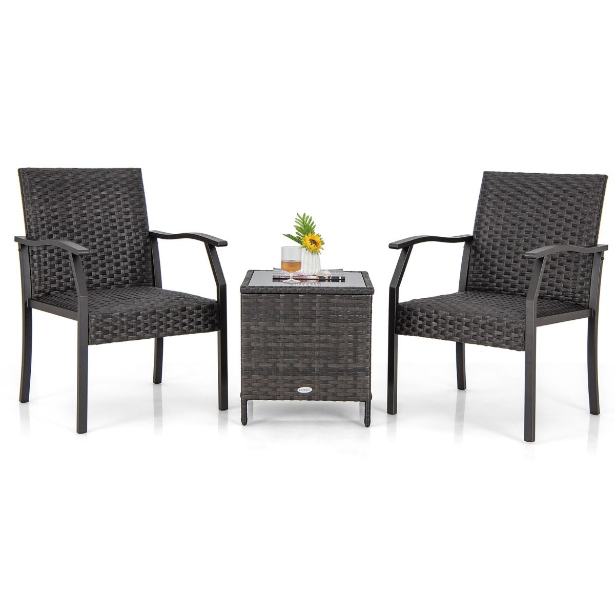 Coast 3-teiliges Geflecht-Terrassenset - 2 gepolsterte Stühle 66x59x87 cm + Couchtisch 46x46x49 cm - Braunes Gemisch