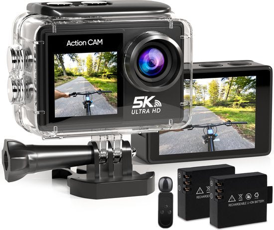 Strex - Action Cam - 5K - 50MP - 60FPS - 30M Wasserdicht - WiFi - Touchscreen - inkl. Zubehör - Schwarz