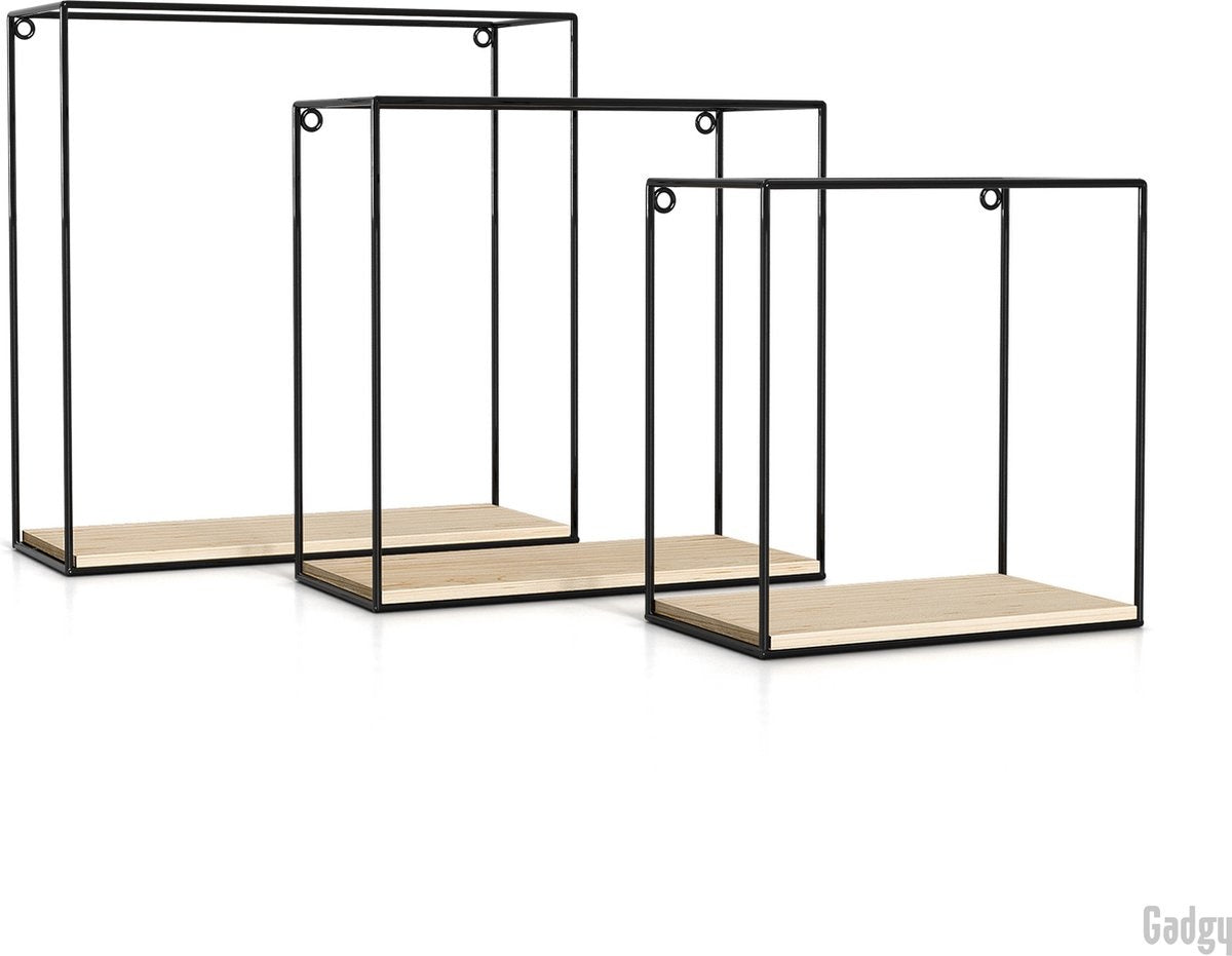 Gadgy Wall Racks set 3pcs - Wandregal Schwarz - Wanddekoration Industrie - Wanddekoration Metall und Holz - Quadratisch