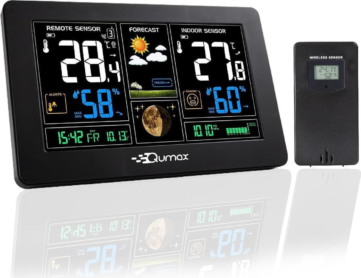 Qumax Drahtlose Wetterstation für Drinnen und Draußen mit Außensensor bis 60 m Reichweite Wasserdicht Schwarz