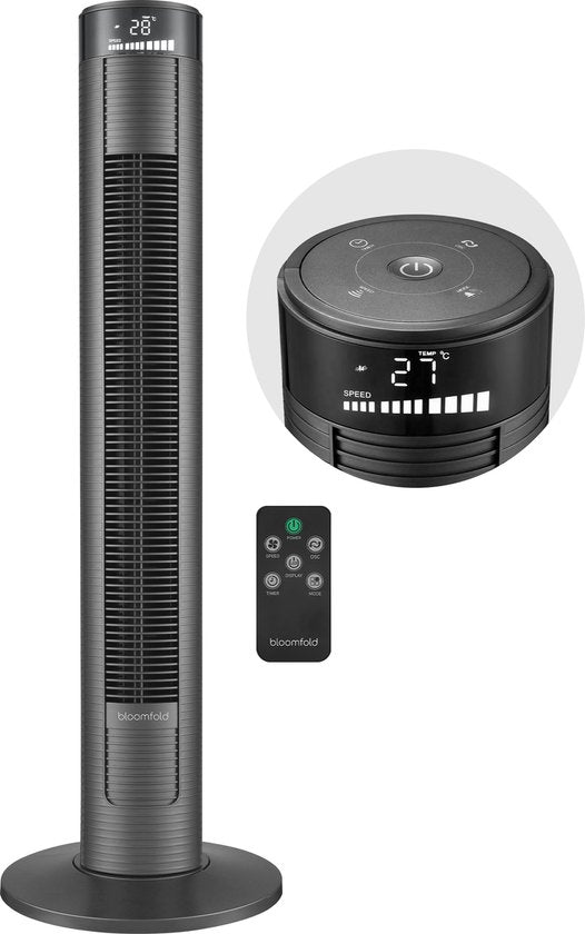 Bloomfold Turmventilator - 38 Zoll - Schwarz - Fernbedienung - Schlafmodus - 12-Stunden-Timer - Voll-LED-Display