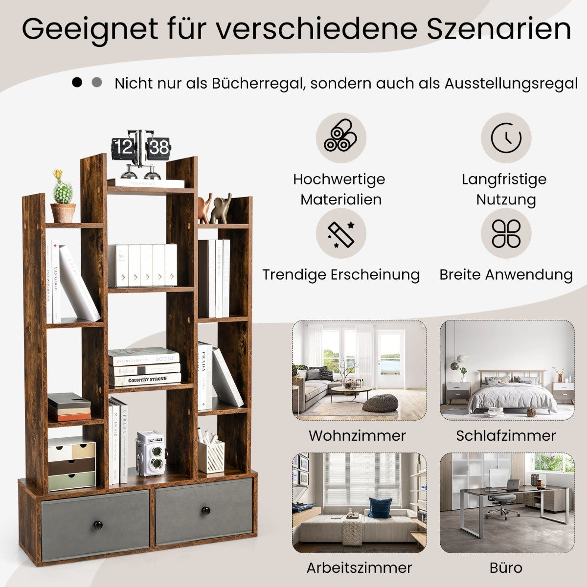 Coast 12-stöckiges Bücherregal mit offener Rückwand und Schublade 81 x 24 x 132 cm braun