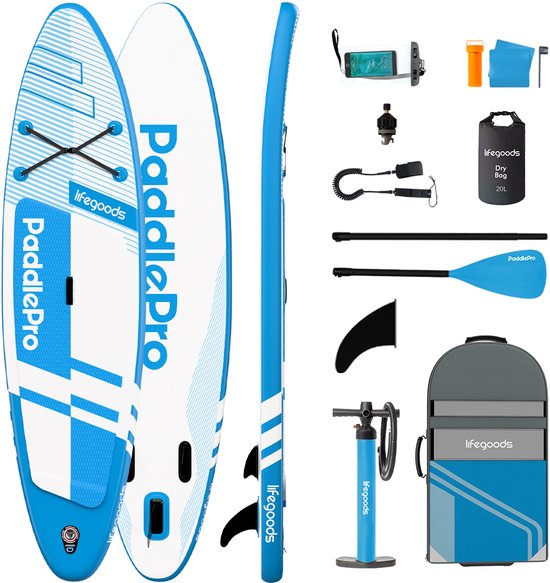 LifeGoods PaddlePro SUP Board Pro - Pro Set - Aufblasbares Paddle Board - Max. 150KG - 320x81cm - Himmelblau
