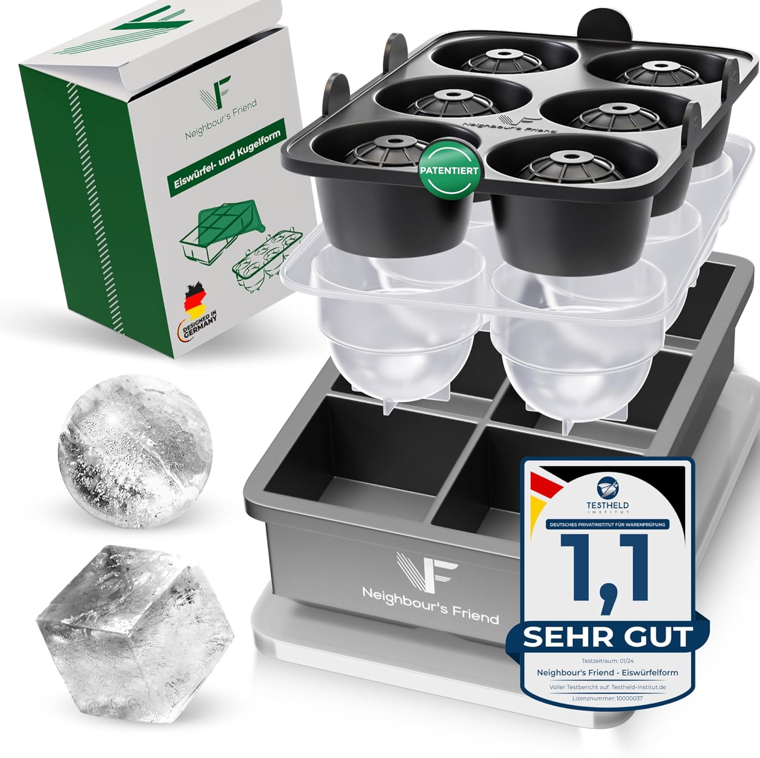 Neighbour's Friend Patentierte Eiskugelform mit XXL Eiswürfelform - Große Eiswürfelform rund Platinsilikon für Cocktails