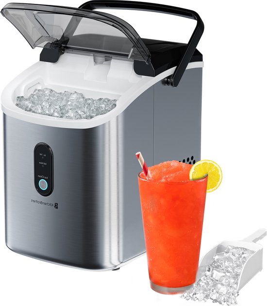 KitchenBrothers Nugget Eiswürfelbereiter - 1.1L - Crushed Ice Maker mit Eisportionierer - tragbar - 15kg/24 Stunden - rostfreier Stahl