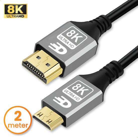 Drivv. Premium Mini HDMI zu HDMI Kabel 2.1 - 8K 60Hz / 4K 120Hz Ultra HD - 2 Meter - Grau - Geeignet für Kameras