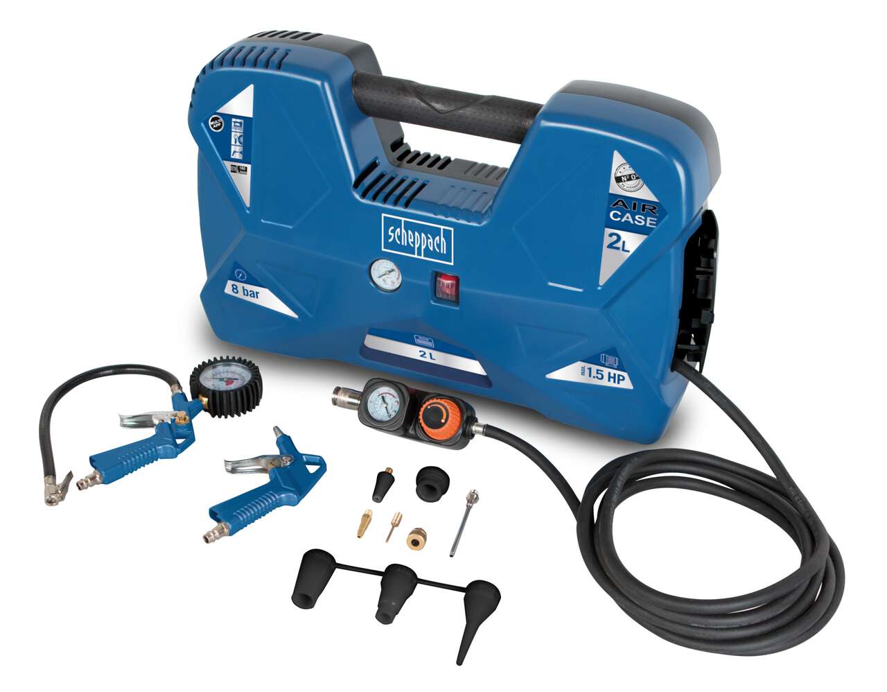 Kompressor Aircase Scheppach - 8 bar | 2L Tank | 180L/min Ansaugleistung | ölfrei & tragbar | inkl. 12-tlg. Zubehörset