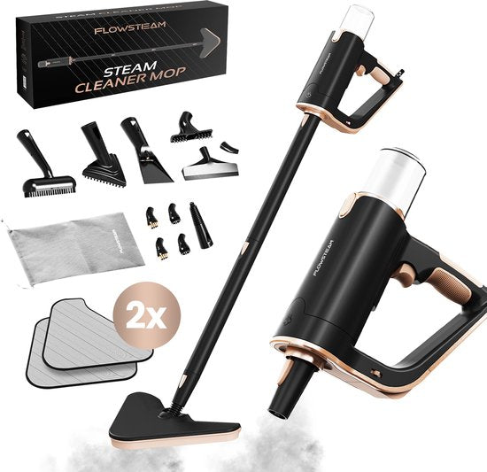 FLOWSTEAM® Deluxe Dampfreiniger - 13 Aufsätze - 120° Dampf - Teppichreiniger - Fleckentferner - Händetrockner - 5M Kabel - Inklusive 2 Mikrofasertücher