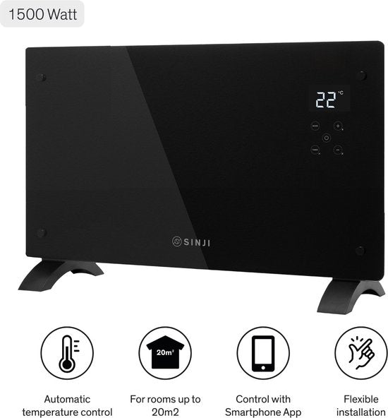 Sinji Electric Heater - Konvektorheizung - Elektroheizkörper - Heizung - Smart App - 20 m2 - 1500 Watt - Schwarz