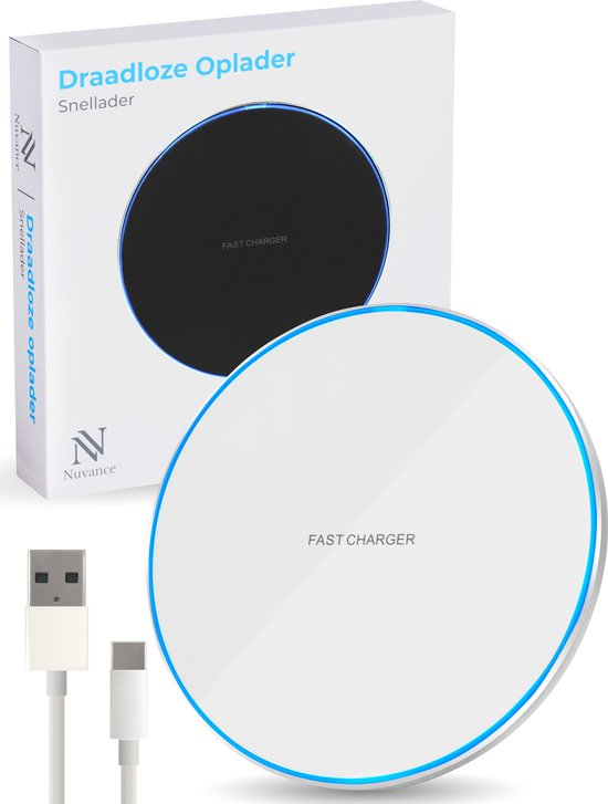 Nuvance - Wireless Charger 15W - Inklusive Kabel - Wireless Charger - Schnelles Ladegerät - Geeignet für alle Qi Smartphones - Weiß und Silber