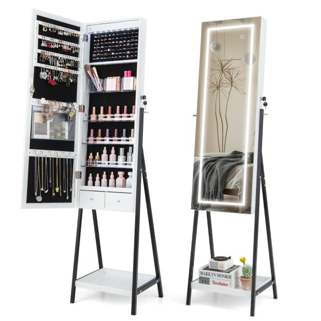 Coast Schmuckschrank mit Spiegel - LED - Weiß/Schwarz - 3 AA Batterien - 41x35x160 cm