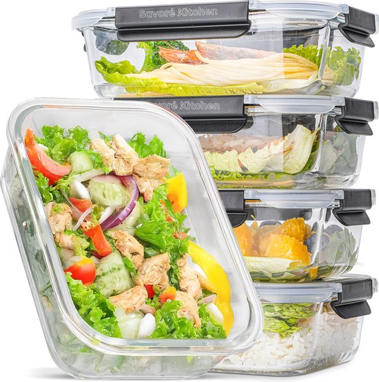 Savoré Küche Aufbewahrungsschalen Set - mit Dampf Deckel - Mahlzeit Prep Trays - Gefrierschrank Tabletts Glas - luftdicht - 5 Stück - 1040 ML