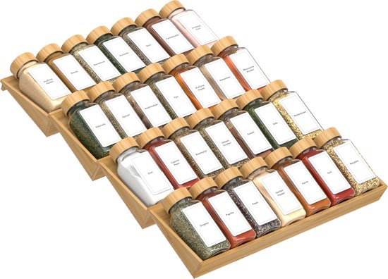 Noswo Gewürzregal-Schublade - 4 Schichten - für 28 Gewürzdosen - Edelstahl - Gewürzorganisation - Küchenschubladen-Organisation - Bambus