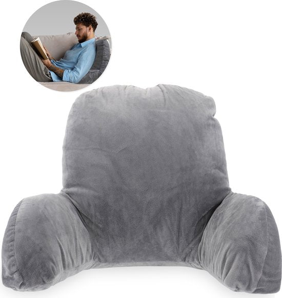 Lesekissen - Fürs Bett - Mit 3 Taschen - Rückenkissen Sofa - Sitzkissen - Lendenwirbel - Rückenkissen unterer Rücken - Lesen - Kissen - Stütze - Bücher - Buch - Sitz - Grau