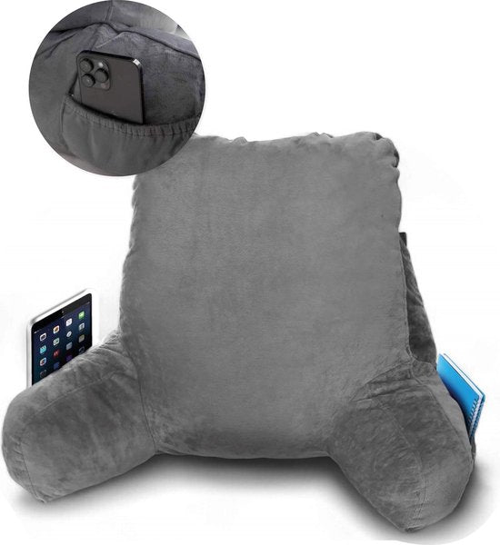 Lesekissen - Fürs Bett - Mit 3 Taschen - Rückenkissen Sofa - Sitzkissen - Lendenwirbel - Rückenkissen unterer Rücken - Lesen - Kissen - Stütze - Bücher - Buch - Sitz - Grau