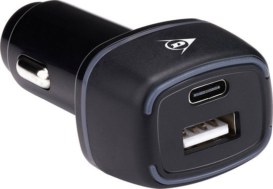 Dunlop Autoladegerät USB - mit USB-A und USB-C Anschluss - Power Delivery/ Schnellladung 18W - Anschluss an Zigarettenanzünder Auto - Kunststoff - Schwarz
