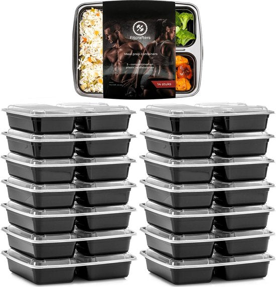 Fitcrafters Meal Prep Trays - Frischhalteschalen - Tiefkühlschalen - 14 Stück - 3 Fächer - 1L - BPA frei