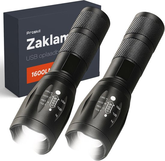 Taschenlampe LED wiederaufladbar - 2 Stück - inkl. Batterien - Für Kinder und Erwachsene - Wasserdicht - Mini-Militär-Taschenlampen - Proskill