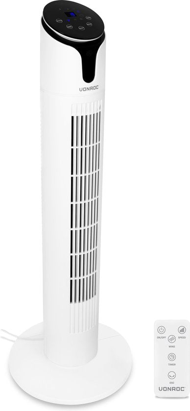VONROC Luxury Fan - Turmventilator - Höhe 86 cm - Inkl. Fernbedienung - 3 Geschwindigkeiten - Schwenkfunktion - 15-Stunden-Timer - weiß