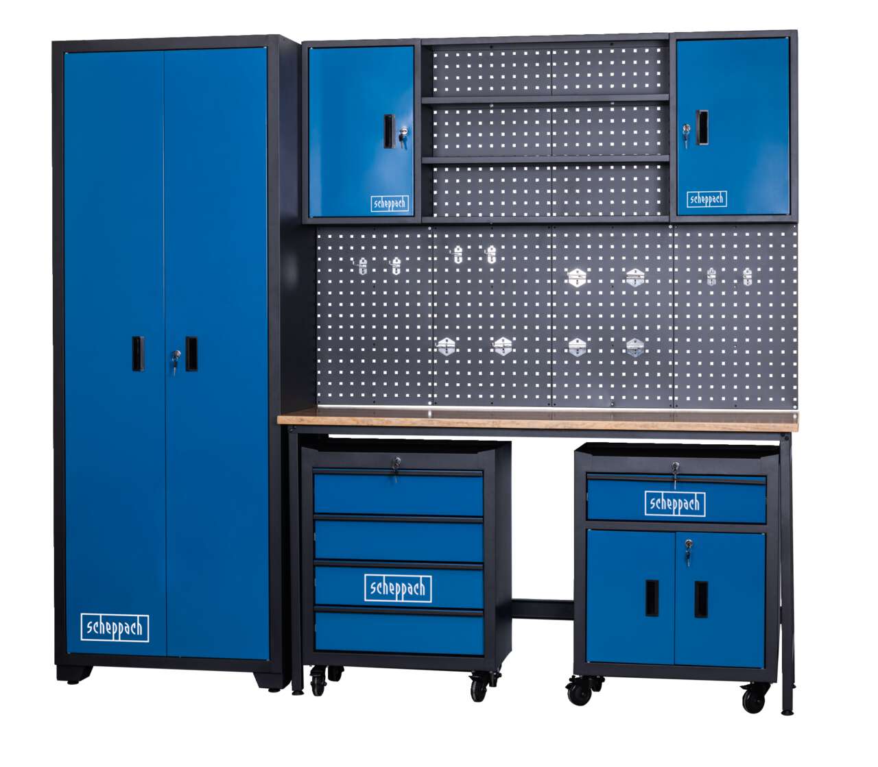 Werkstatt Komplett Set GWS08 Scheppach - 8-tlg. Werkstatt Modulsystem mit 2x Werkstattwagen Werkstattschrank Werkzeugwand & Werkbank | 2360x500x2050mm