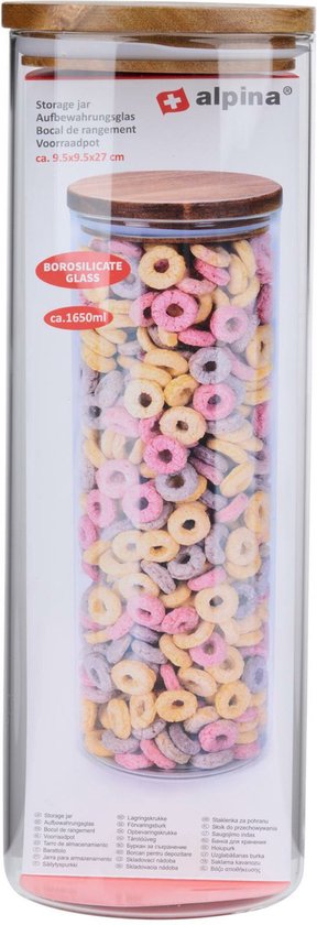 alpina Glasgefäß mit Deckel - 1650 ML - spülmaschinenfest - Borosilikatglas und Akazienholz