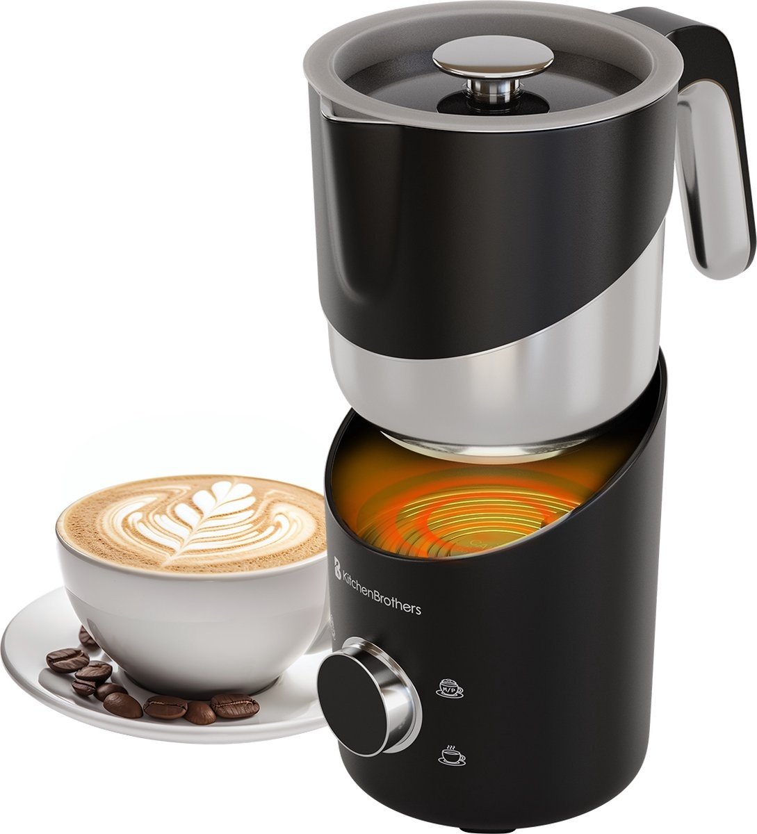 KitchenBrothers Elektrischer Milchaufschäumer - Abnehmbare Kanne - 4-in-1 - 400 ML - Schwarz