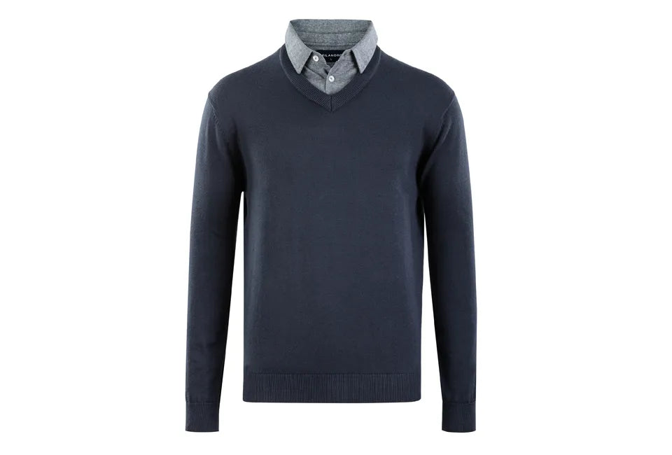 Milanoro Herren Pullover mit Hemdkragen - Schwarz - Größe S