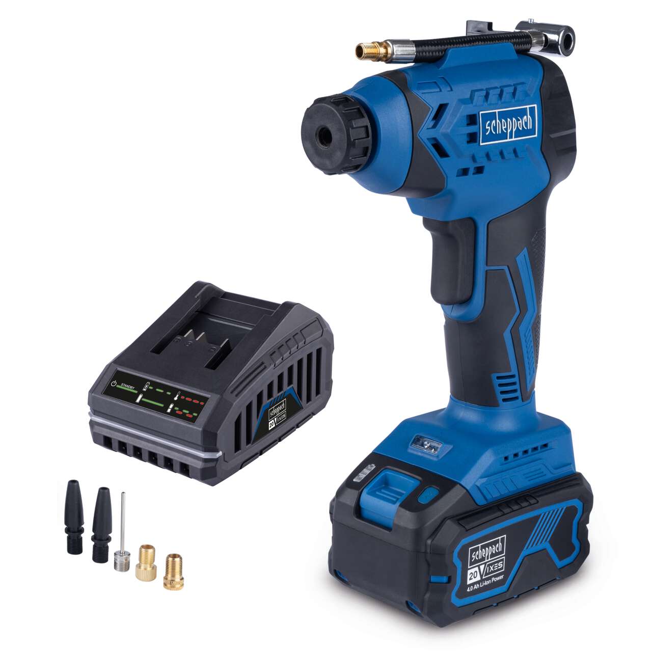 Akku Hand Kompressor C-AC20-X Scheppach 20V - 7 bar Arbeitsdruck | LCD Display | LED Leuchte | 6-tlg Zubehörset | inkl. 4 Ah Akku + 2