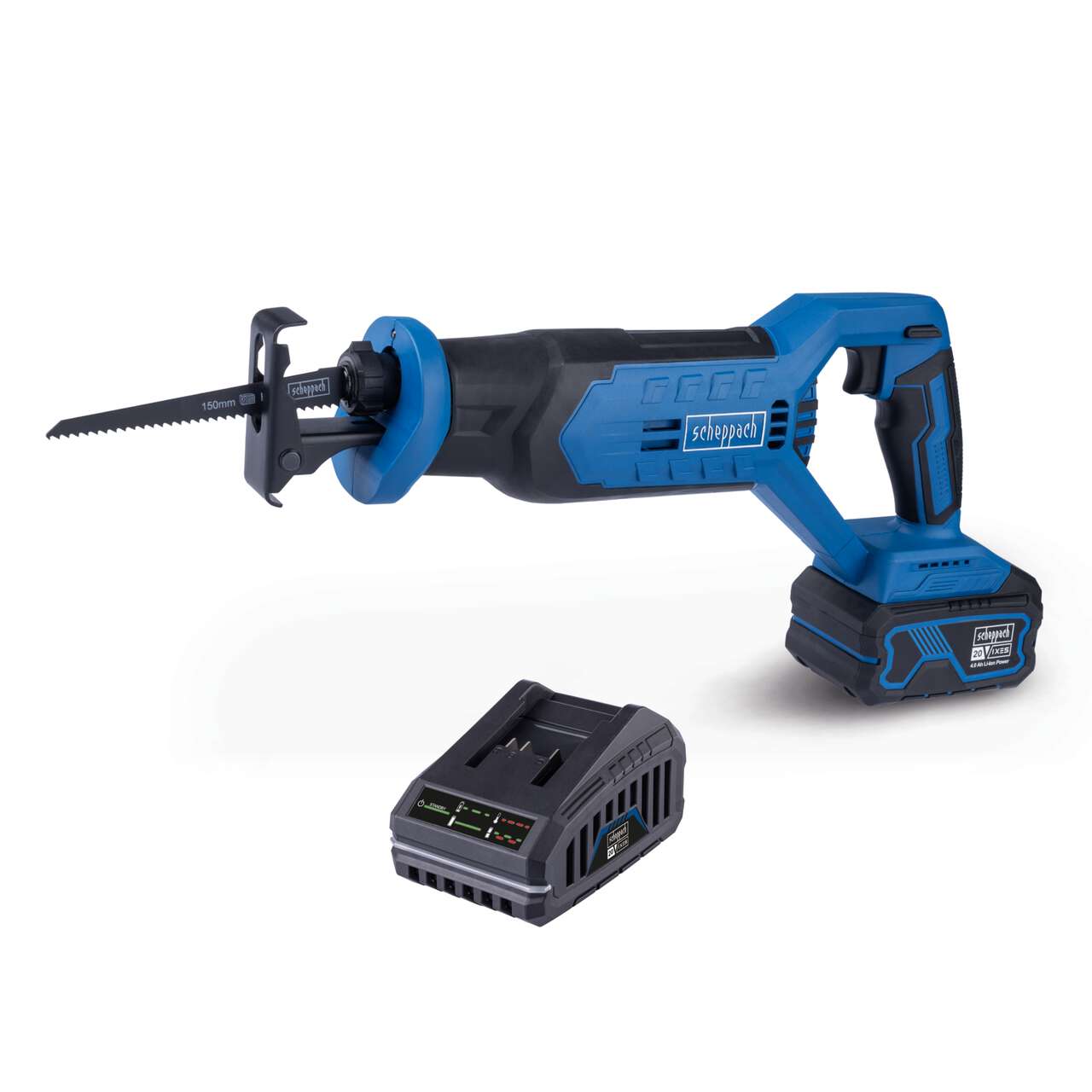 Akku-Säbelsäge C-RS100-X Scheppach | Hublänge 20 mm | Schnitttiefe 115mm | Hubzahl 0-2800min-1 | LED | inkl. 4Ah Akku + 2