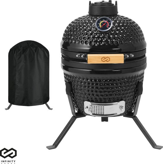 Infinity Goods Kamado BBQ Ei - 13 Zoll - Inklusive Abdeckung - Holzkohle BBQ - Ø 27 CM - Schwarz