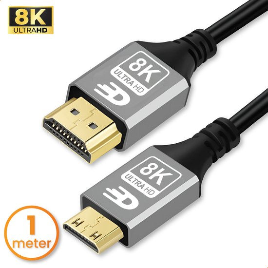 Drivv. Premium Mini HDMI zu HDMI Kabel 2.1 - 8K 60Hz / 4K 120Hz Ultra HD - 1 Meter - Grau - Geeignet für Kameras